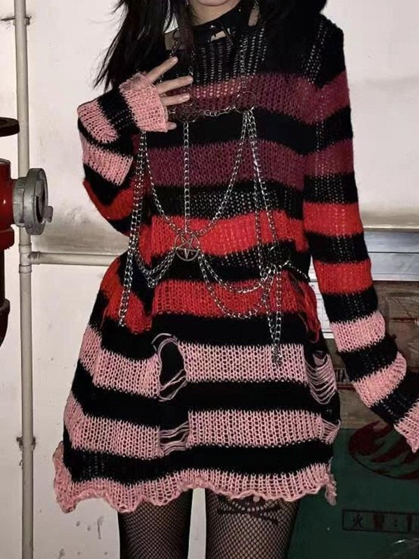 Gradient Striped Distressed Knit Top