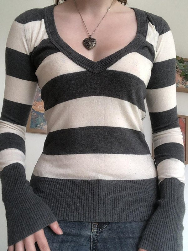 Vintage Striped V Neck Knit Top