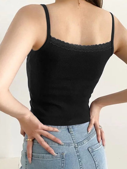 Solid Color Y2k Lace Trim Crop Cami Top