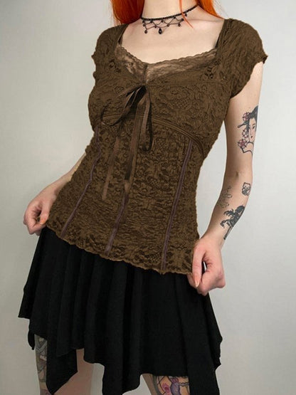 Lace Trim Crinkle Cropped Blouse