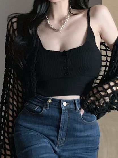 Open Front Hollow Out Crochet Knit Crop Top