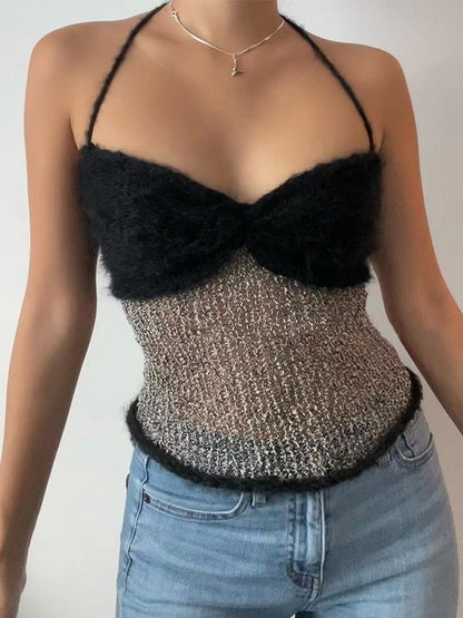 Fuzzy Halter Knitted Crop Cami Top