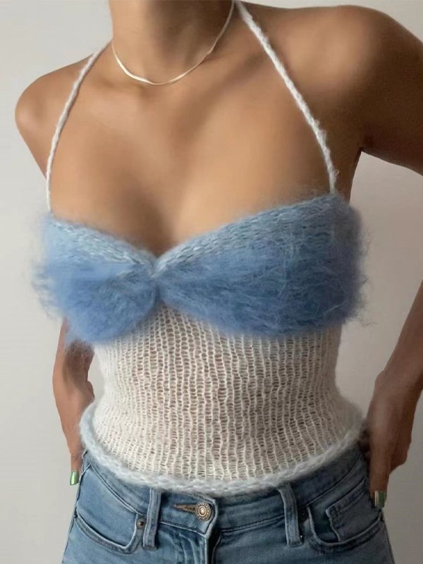 Fuzzy Halter Knitted Crop Cami Top