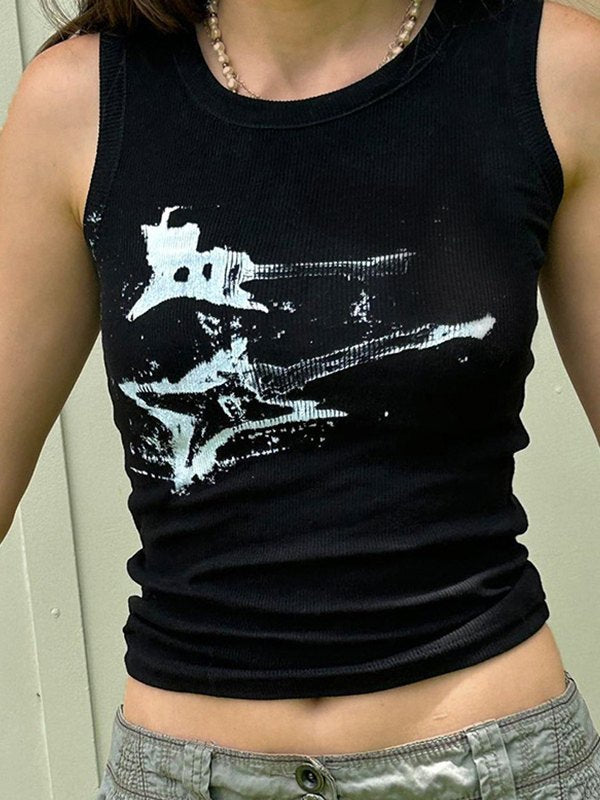 Black Rib Crop Tank Top with Guitar Motif