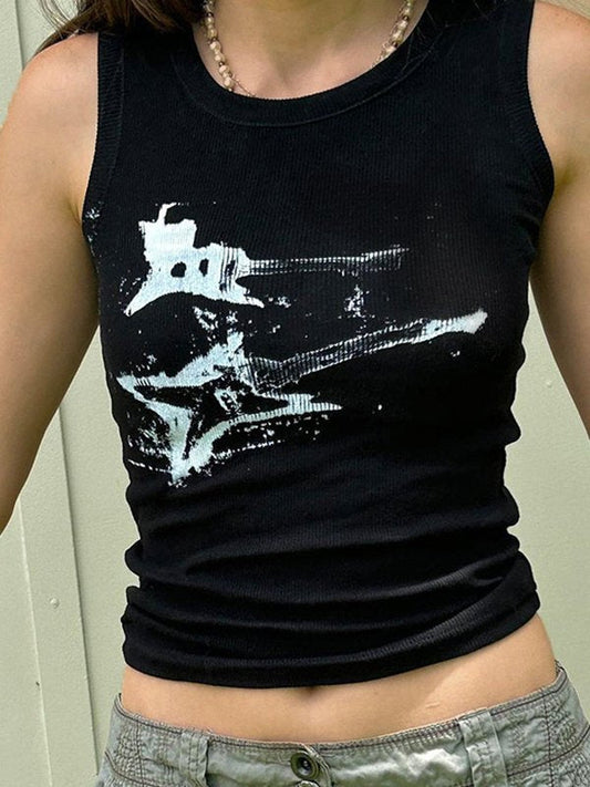 Black Rib Crop Tank Top with Guitar Motif