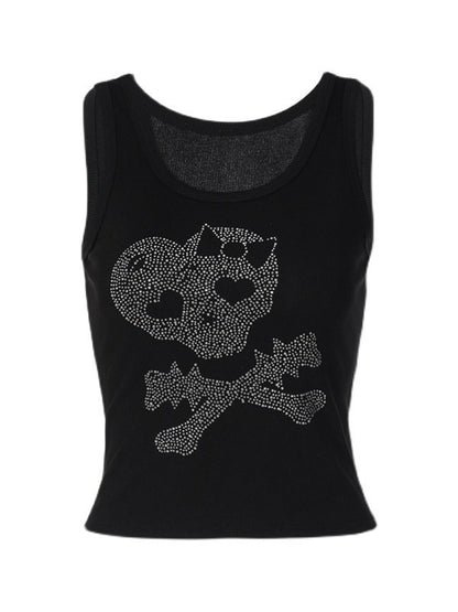 Rhinestone Skull Black Cropped Tank Top