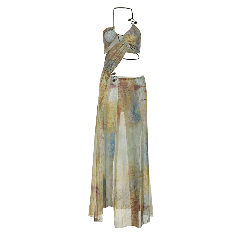 Halter drawstring tie dye irregular sheer mesh maxi dress