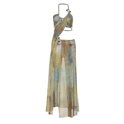 Halter drawstring tie dye irregular sheer mesh maxi dress