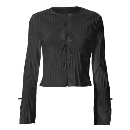 Long sleeve bowknot hollow out cut out top