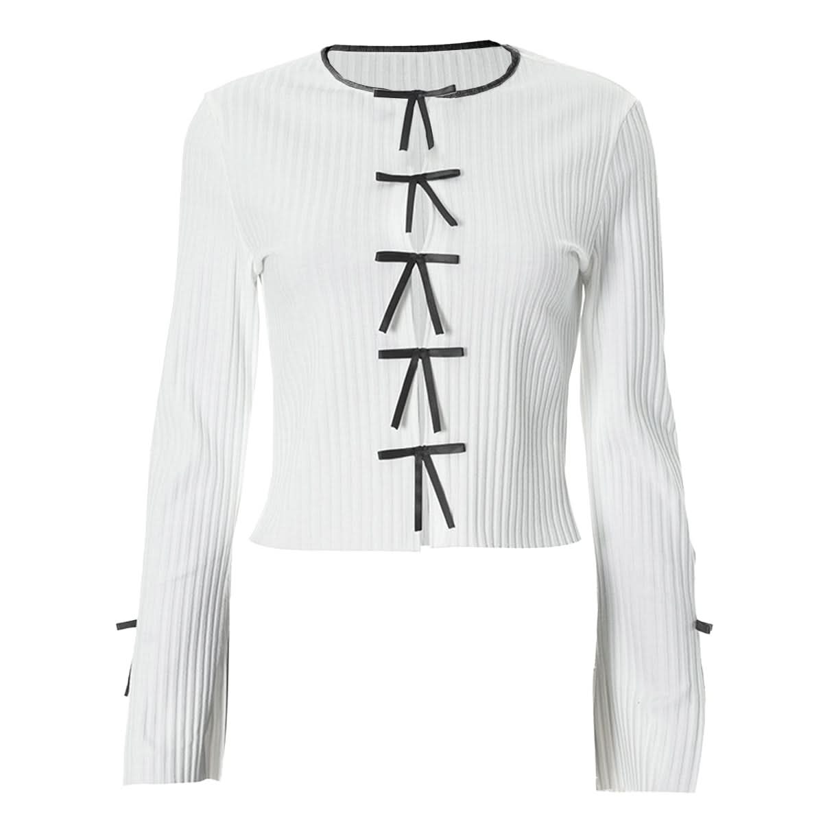 Long sleeve bowknot hollow out cut out top