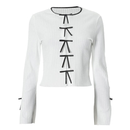 Long sleeve bowknot hollow out cut out top