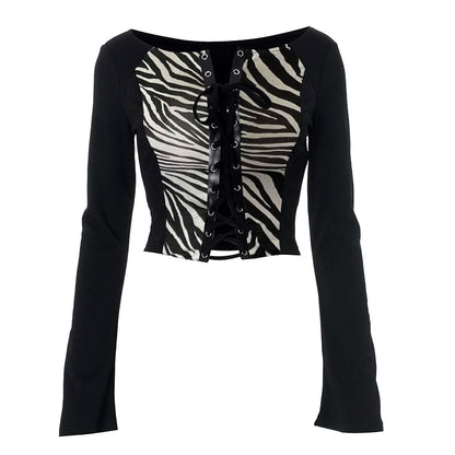Long sleeve print lace up top