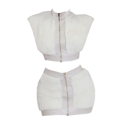 Cap sleeve fluffy PU leather patchwork zip-up mini skirt set