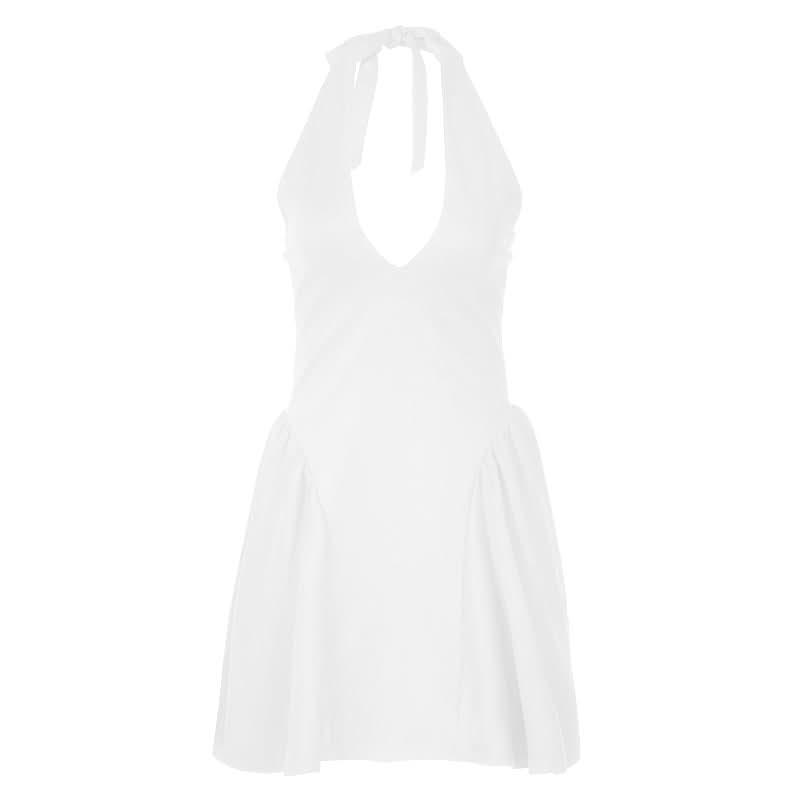 Halter v neck solid backless mini dress