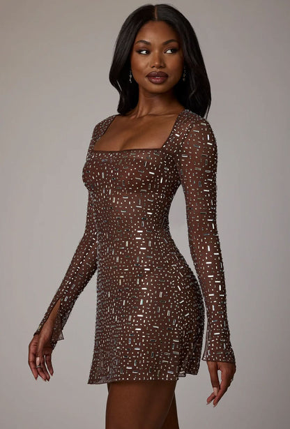 Square Neck Rhinestone Embellished Long Sleeve Bodycon Mini Dress