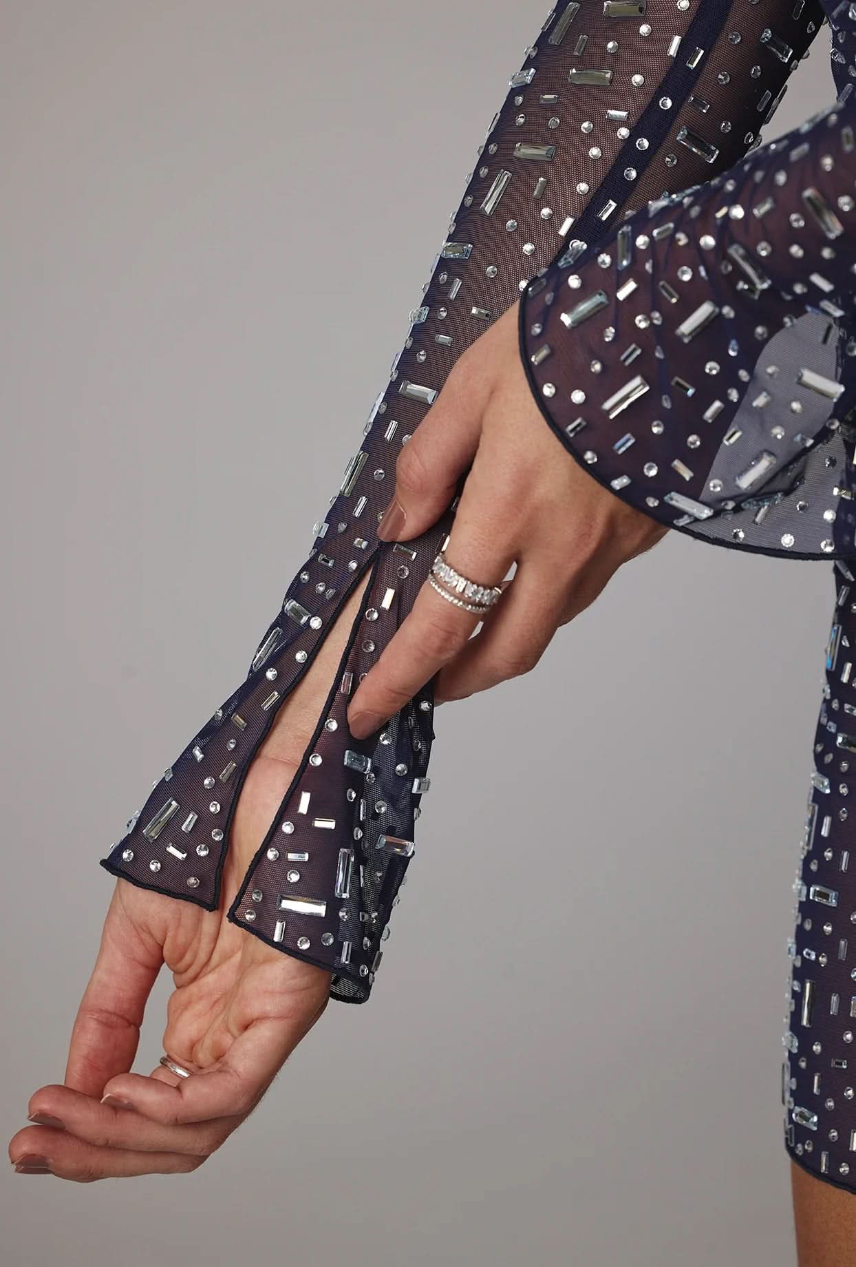 Square Neck Rhinestone Embellished Long Sleeve Bodycon Mini Dress