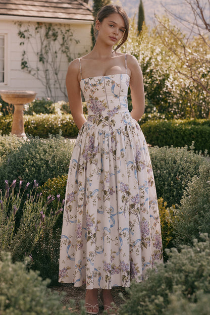 White – Floral Strapless Waist-Cinched Dress