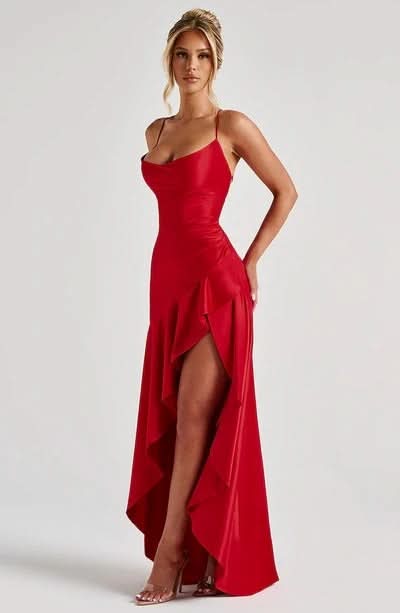 Spaghetti Strap High Low Ruffle Hem Side Slit Bodycon Maxi Dress