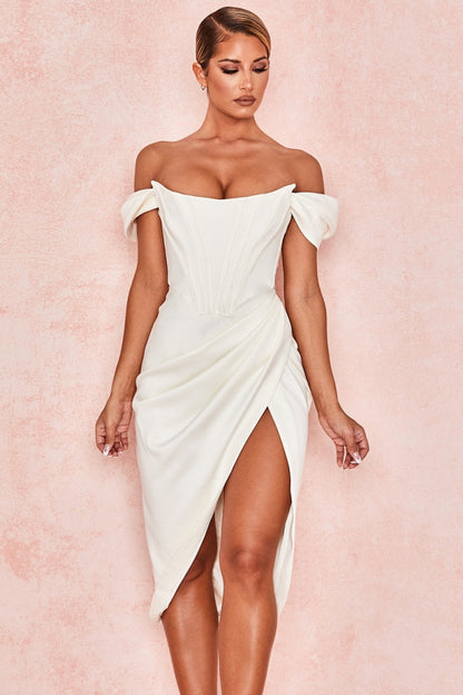 Ivory Satin Off Shoulder Mini Dress