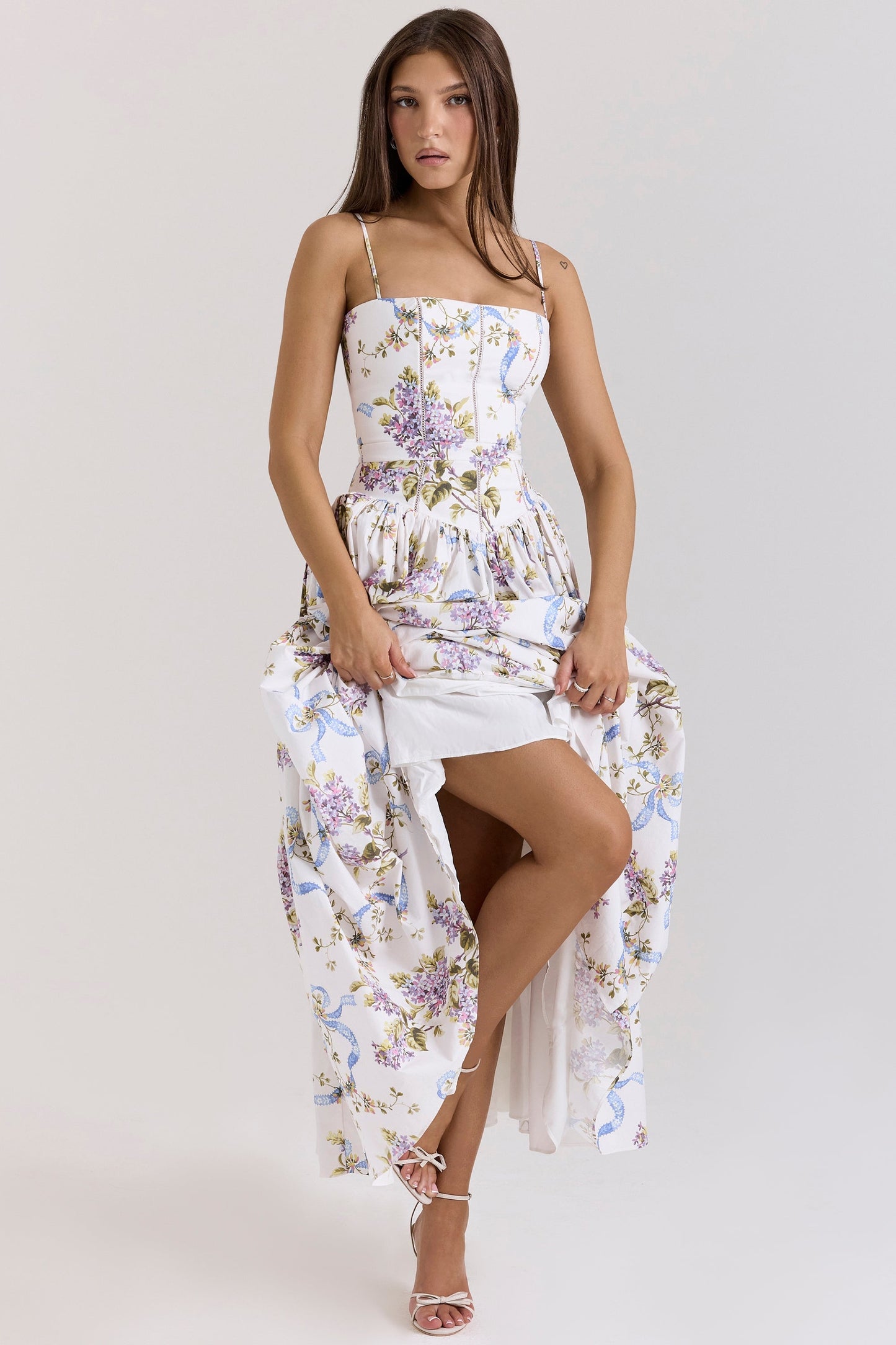 White – Floral Strapless Waist-Cinched Dress