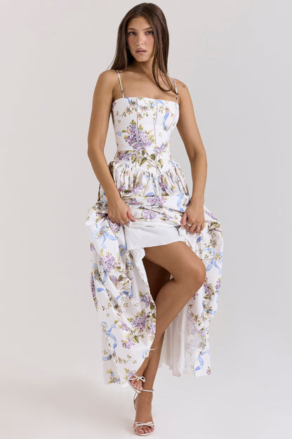 White – Floral Strapless Waist-Cinched Dress