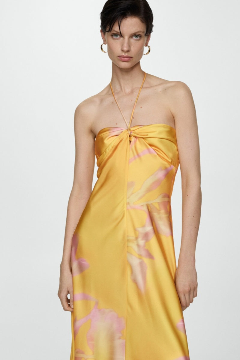 Yellow Printed Satin Maxi Dress