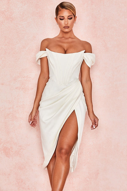 Ivory Satin Off Shoulder Mini Dress