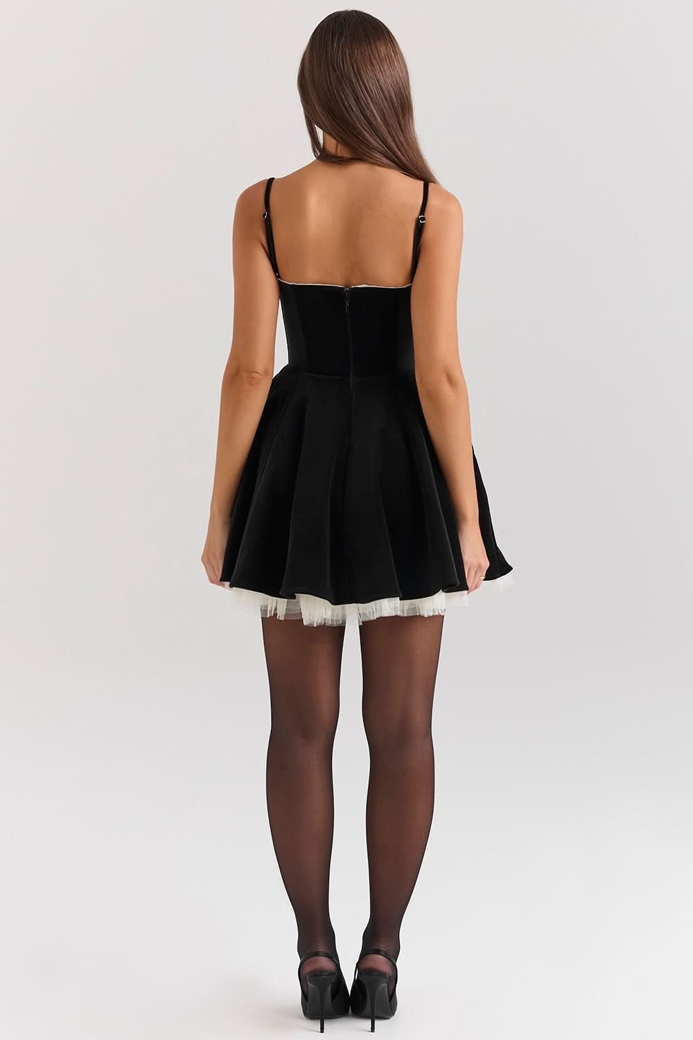 Velvet Sweetheart Lace Trim Spaghetti Strap Fit And Flare Mini Dress
