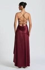 Spaghetti Strap High Low Ruffle Hem Side Slit Bodycon Maxi Dress