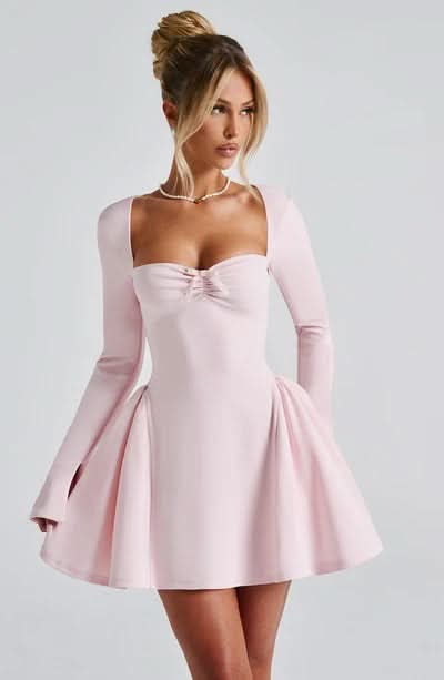 Sweetheart Neck Bow Detail Long Sleeve Fit And Flare Mini Dress