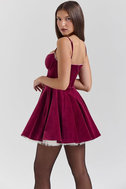 Velvet Sweetheart Lace Trim Spaghetti Strap Fit And Flare Mini Dress