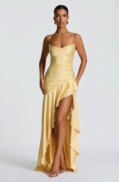Spaghetti Strap High Low Ruffle Hem Side Slit Bodycon Maxi Dress