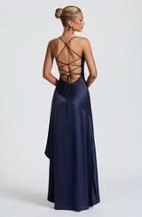 Spaghetti Strap High Low Ruffle Hem Side Slit Bodycon Maxi Dress