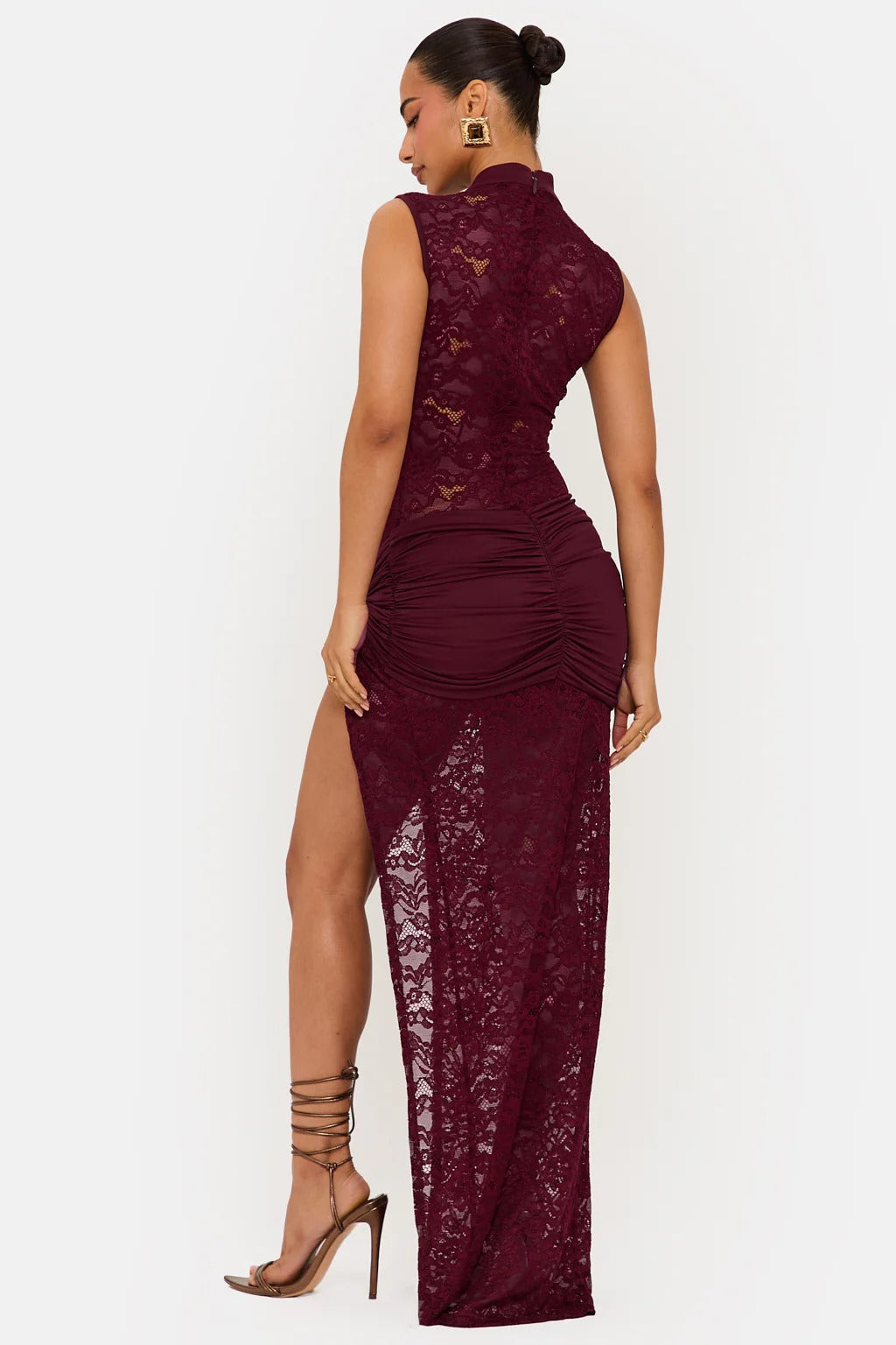 High Neck Lace Keyhole Cutout Draped Waist Thigh Slit Maxi Dress