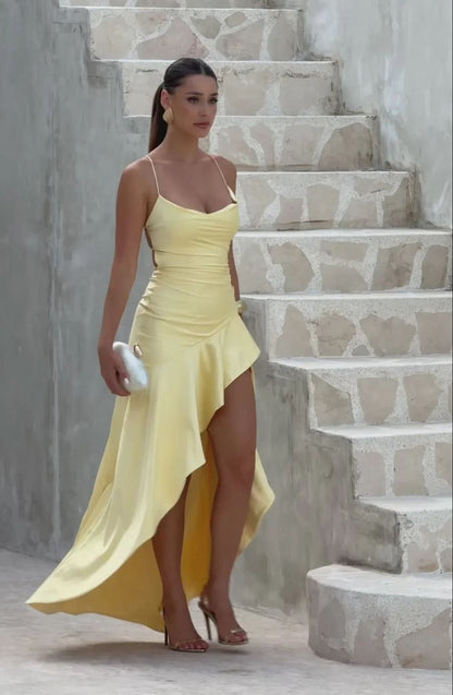 Spaghetti Strap High Low Ruffle Hem Side Slit Bodycon Maxi Dress