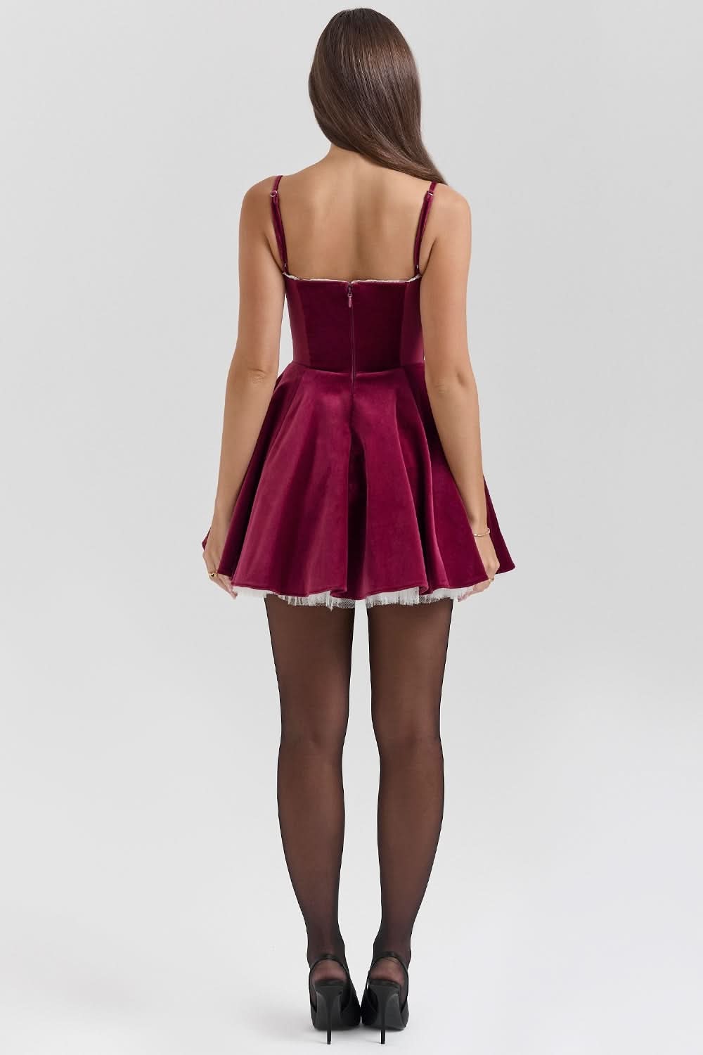Velvet Sweetheart Lace Trim Spaghetti Strap Fit And Flare Mini Dress