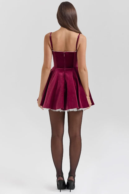 Velvet Sweetheart Lace Trim Spaghetti Strap Fit And Flare Mini Dress