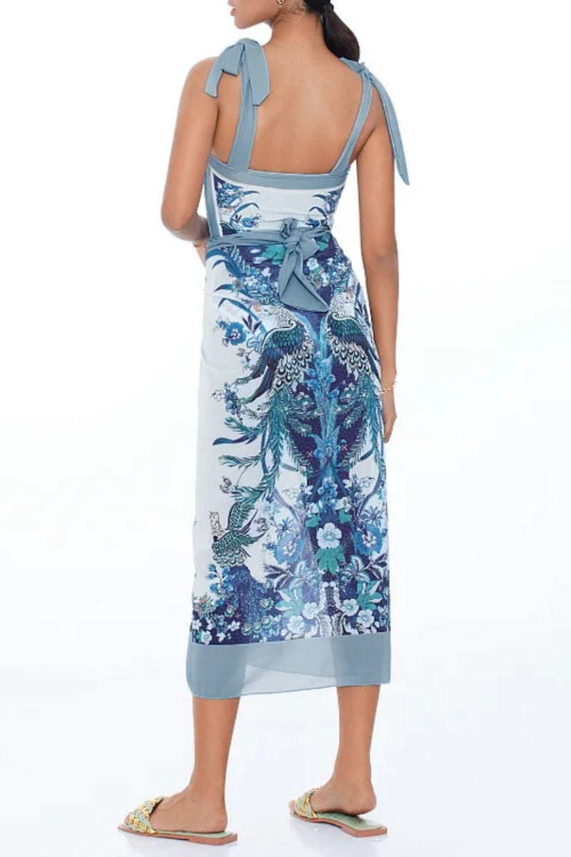 Flaxmaker Blue Reversible Bow Tie Shoulder One-Piece Swimsuit Set