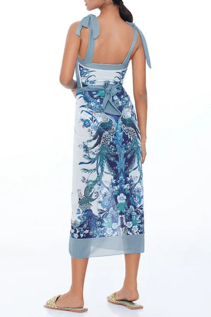 Flaxmaker Blue Reversible Bow Tie Shoulder One-Piece Swimsuit Set