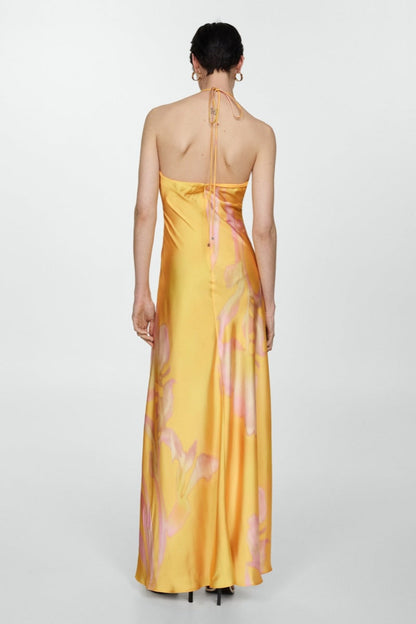 Yellow Printed Satin Maxi Dress