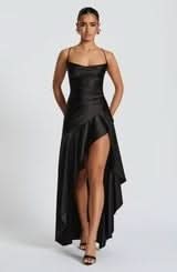 Spaghetti Strap High Low Ruffle Hem Side Slit Bodycon Maxi Dress