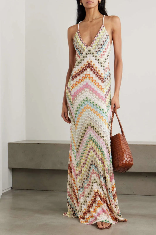 Knit Colorful Herringbone Print Open Beck Maxi Dress