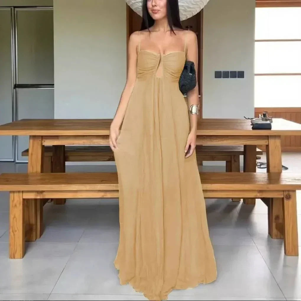 Spaghetti Strap Ruched Keyhole Empire Waist Flowy Maxi Dress