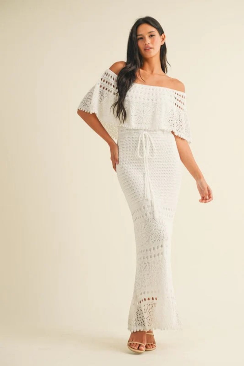 White off the shoulder crochet dress