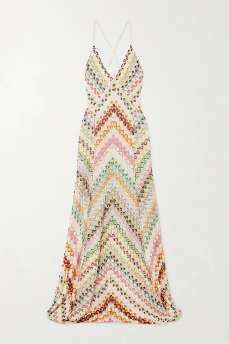 Knit Colorful Herringbone Print Open Beck Maxi Dress
