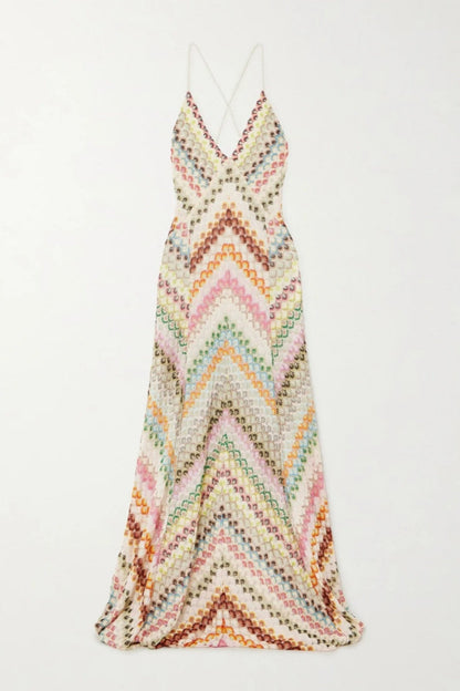 Knit Colorful Herringbone Print Open Beck Maxi Dress