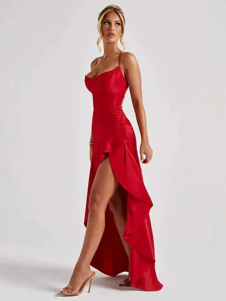 Spaghetti Strap High Low Ruffle Hem Side Slit Bodycon Maxi Dress