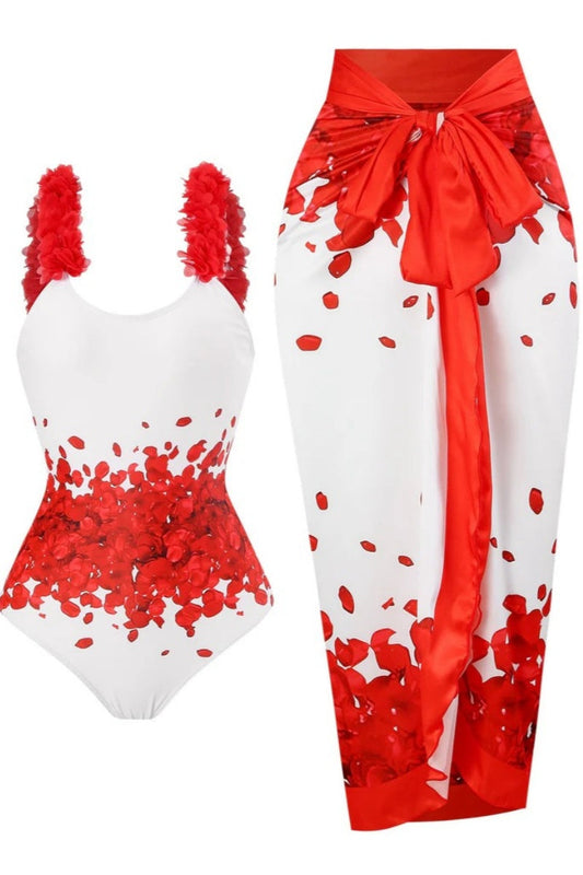 Red Floral Halter Swimsuit Set