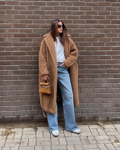 Athalia Double-Breasted Long Teddy Coat