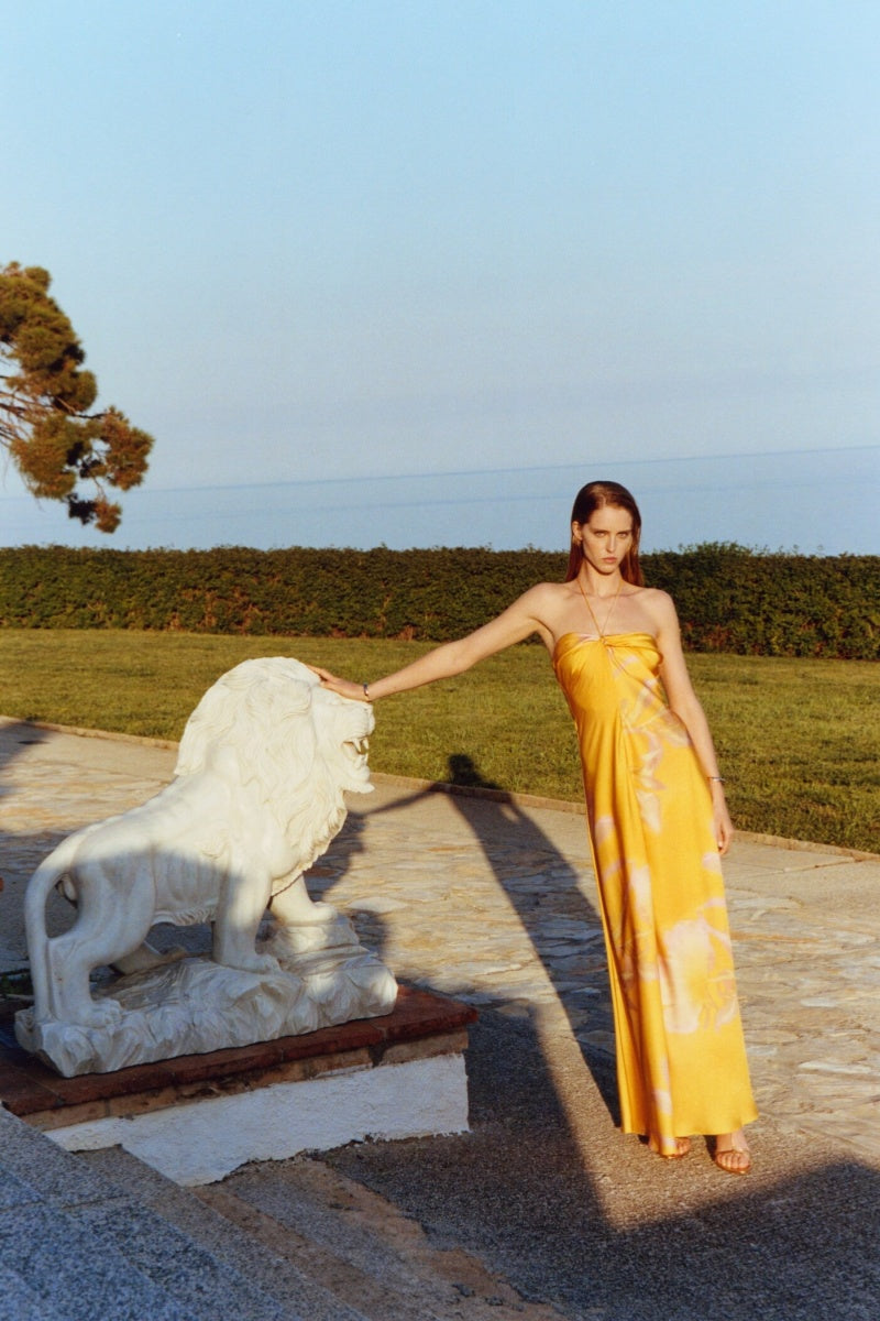 Yellow Printed Satin Maxi Dress